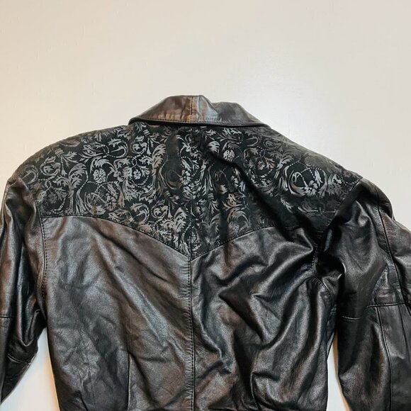 Vintage Chia 100% Leather Cropped Biker Punk Jacket Floral Heavy Metal 80s Small - Picture 10 of 15